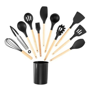 Conjunto Colheres Silicone 12 Pçs Cabo De Madeira Premium Conjunto Colheres Silicone 12 Pçs Cabo De Madeira Premium