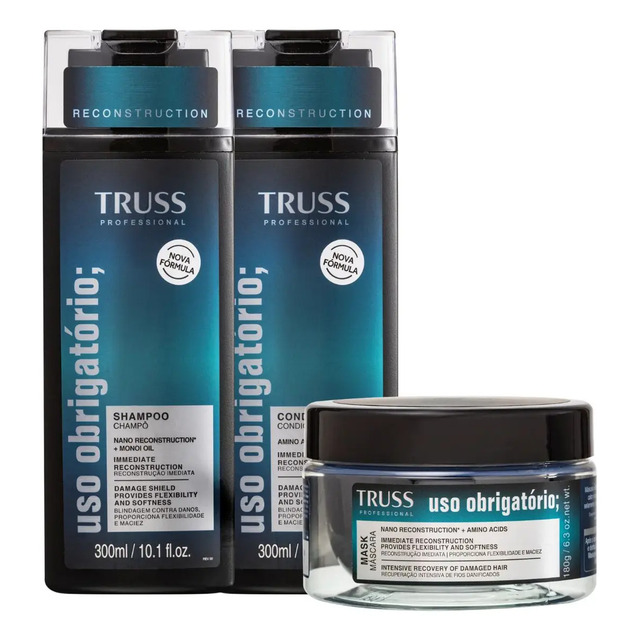 Kit de tratamento capilar Truss Uso Obrigatório contendo um frasco de shampoo de 300ml, um frasco de condicionador de 300ml e um pote de máscara de 180g, todos com embalagem preta e azul.