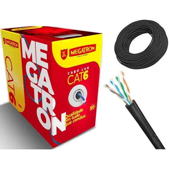 Cabo De Rede Cat6 Preto Megatron 100% Cobre Rolo 70 Metros