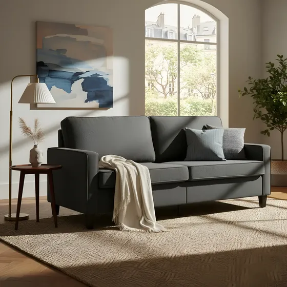 Sofá Sillón Loveseat 3 Plazas Sala Moderna Minimalista Tapizado Poliéster Madera + Cojines Gris Oscuro KingsHouse