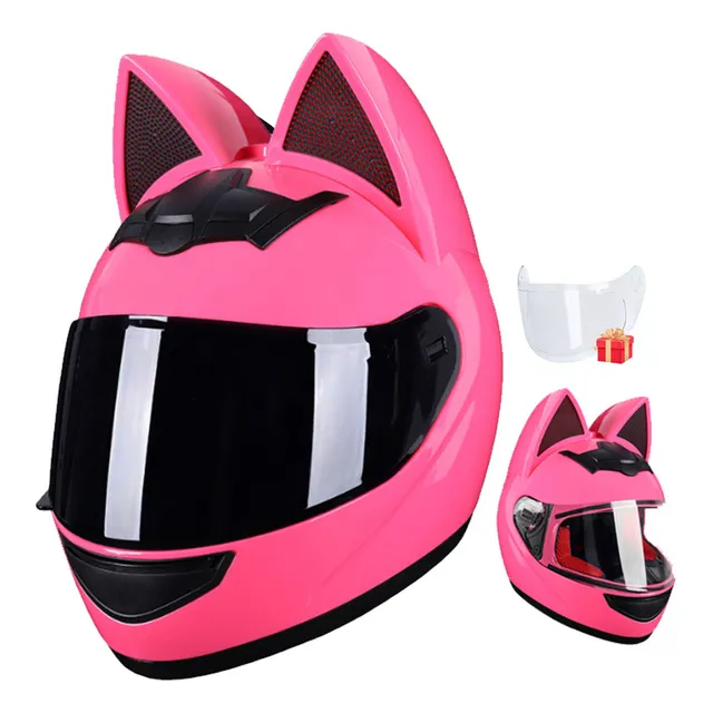 Casco Motos Mujer Con Orejas De Gato Doble Micas ,Cascos Para Moto,Cascos Protectores Para Deportes,Casco Abatible,Casco De Moto Integral, Casco De Motocross, Certificado DOT C,Rosa ,G（57~59cm）