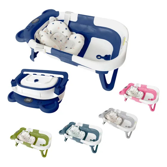 Bañera Plegable Kiddos Bebés Portátil Tina De Baño Viaje Amplia Cómoda Resistente Incluye Cojín Y Termómetro Con Orejas Color Azul