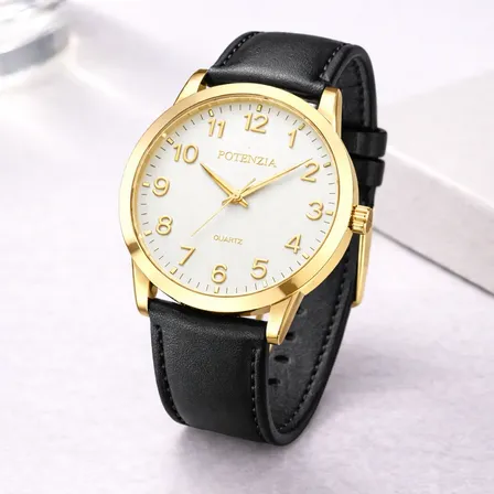 Relógio Masculino Couro Preto Analógico 42mm Casual Premium Dourado