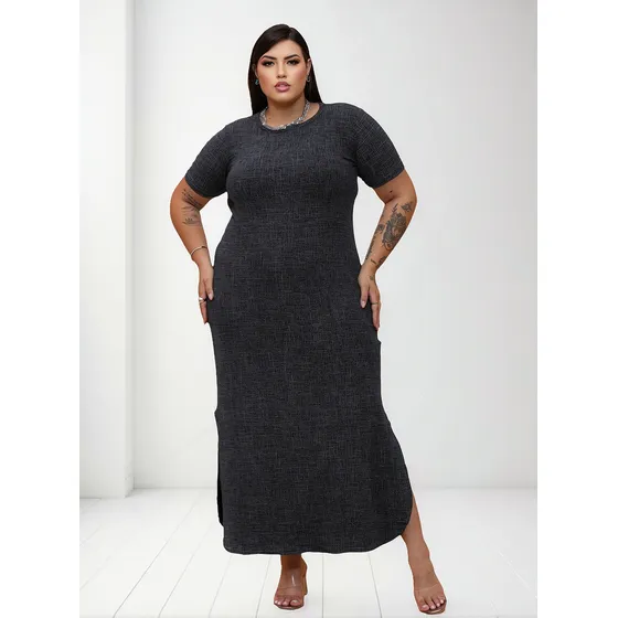 Vestido Elegante Confy Longo Plus Size Preto Risca De Giz 
