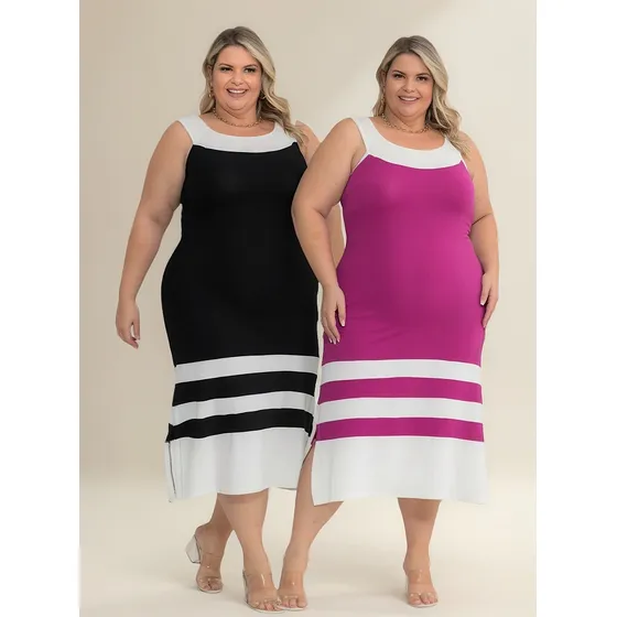 Kit 2 Vestidos Midi Plus Size Regata Detalhe Listrado Fenda
