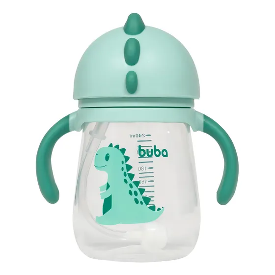 Vaso con pajita extraíble Dino Green de 240 ml con asas para bebés