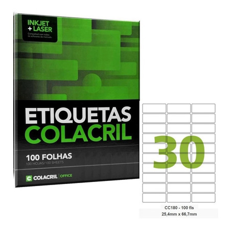 Etiqueta Impressora Carta 25,4x66,7mm 100 Fls Cc180 Colacril Cor Branco Etiqueta Impressora Carta 25,4x66,7mm 100 Fls Cc180 Colacril Cor Branco