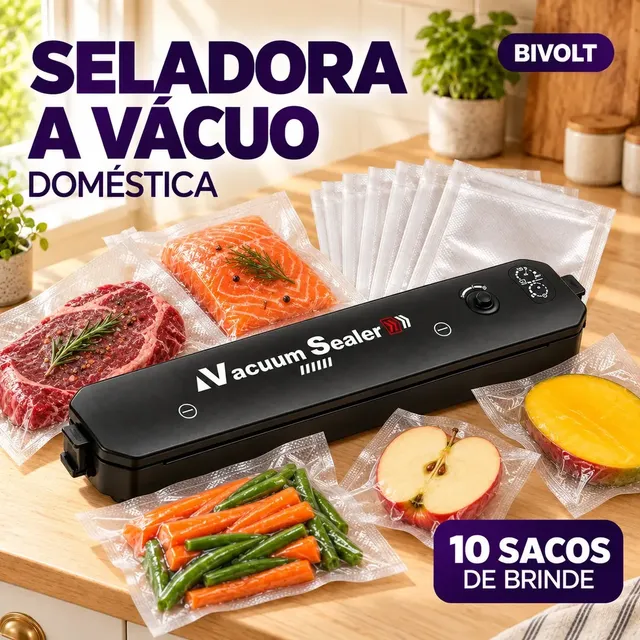 Seladora a Vácuo Para Alimentos Automática Máquina Embaladora Portátil Profissional Doméstica Elétrica Selar Embalar Conservar Alimentos Frescos 110v 220v Seladora à Vácuo Com 10 Saquinhos