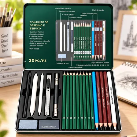Kit Lápis de Desenho Profissional 20 Peças com Estojo Portátil, Lápis Artísticos, Borrachas e Acessórios para Artistas e Estudantes Linha Super Premium