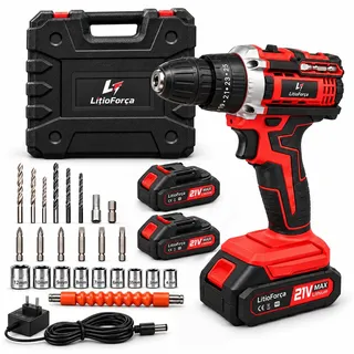 Parafusadeira E Furadeira A Bateria 21v 2 Baterias Com Maleta 350w Kit Completo Brocas Bits Extensor Flexivel Mandril Aperto Rapido Parafusadeira Multifuncional Ferramentas Vermelho