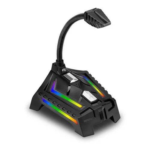 Microfone Gamer USB ELG OGON de Mesa com Haste Flexível de Metal, Cardioide Unidirecional, LED, RGB, Cabo de 1.5m, Preto