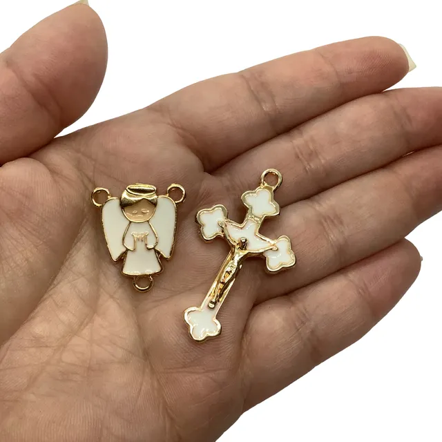 Cruz + Entremeio Metal Dourado Para Terço Infantil - 5 Pares