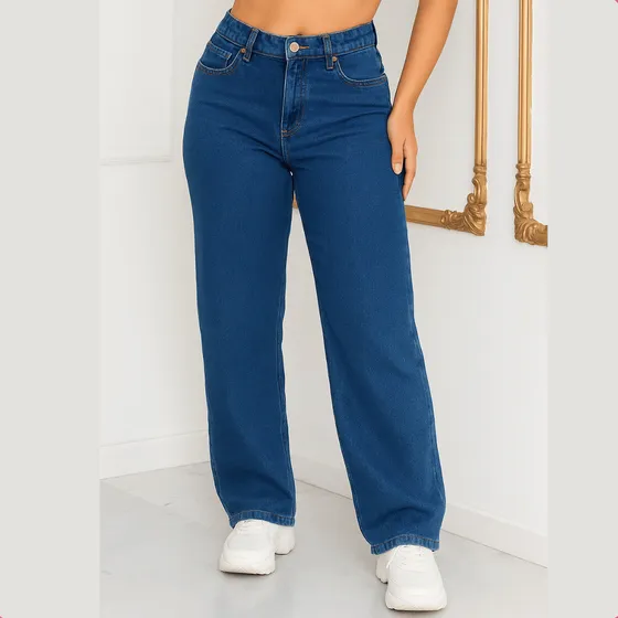 Calça Jeans Wide Leg Feminina Cintura Alta Sem Lycra
