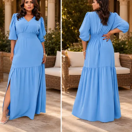 Vestido Longo Babado Fenda Manga 3/4 Evangélico Elegante