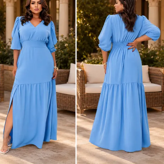 Vestido Longo Babado Fenda Manga 3/4 Evangélico Elegante
