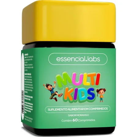 Multivitamínico Essencial Labs Multikids Para Crianças Sabor Morango, 60 Comprimidos Mastigáveis