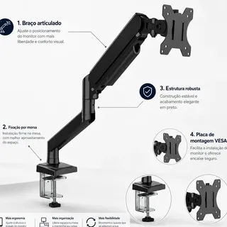 Suporte RIOVA Para Monitores Articulado De Mesa Pistão A Gás 10-32