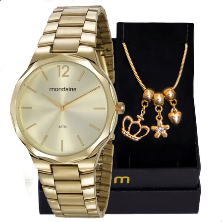 Relógio Feminino Analógico Mondaine + Pulseira Berloques Correia Dourado Bisel Dourado Fundo Como Na Foto Relógio Feminino Analógico Mondaine + Pulseira Berloques Correia Dourado Bisel Dourado Fundo Como Na Foto