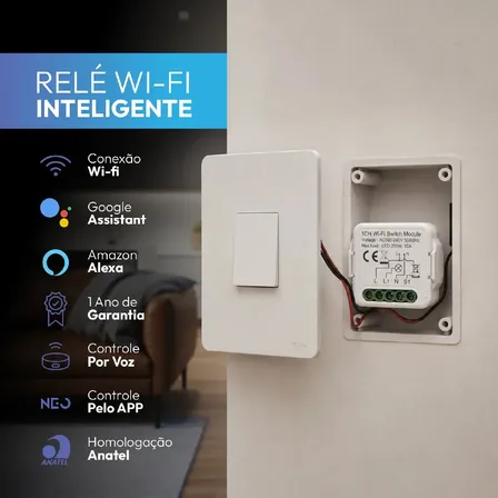 Mini interruptor Inteligente Paralelo three-way Modulo Rele Wi-Fi 1 Canal 10A Automação Residencial Alexa e Google Neo Avant