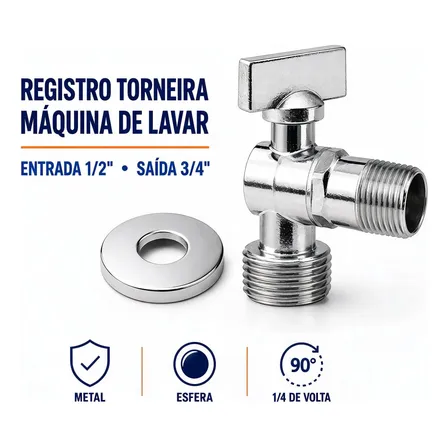 Registro Torneira Esfera Máquina De Lavar De 1/2 X 3/4 Prateado Cromado
