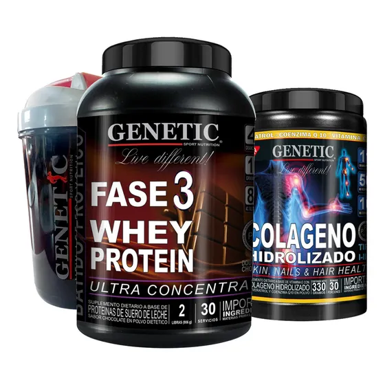 F3 Whey Protein Aminos Colágeno Resveratrol Q10 Vaso Genetic Sabor Chocolate