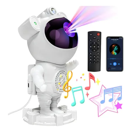 Luminária Projetor Noturno Robô Astronauta LED USB Bluetooth Som Controle Remoto Branco Preto Bivolt