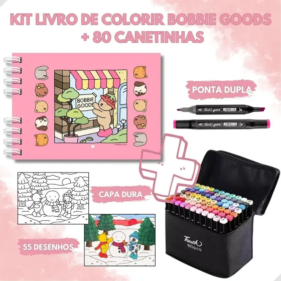 Kit Livro Infantil De Colorir, Com 50 Desenhos + 80 Canetinhas Ponta Dupla, Marca Texto Papelaria Fofa