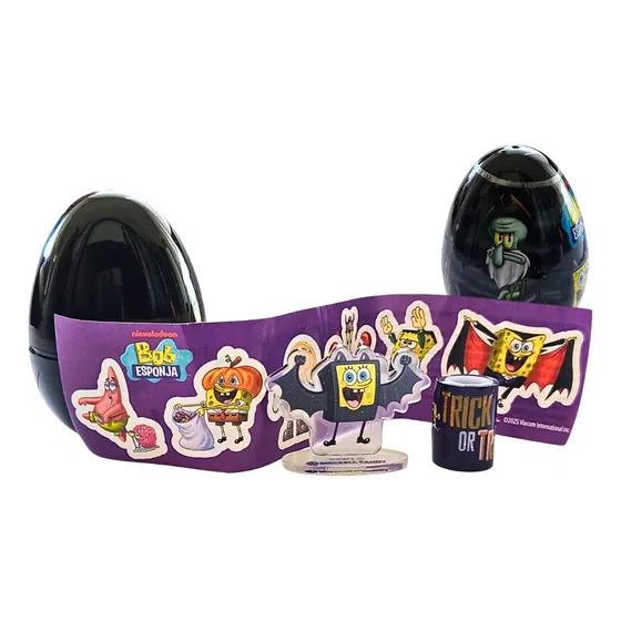 Huevo Sorpresa Bob Esponja, Patricio, Calamardo, Don Cangrejo, Arenita, Perlita Halloween Figuras Stickers