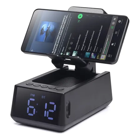 Caixa De Som Bluetooth 8w Relógio Digital E Suporte Celular