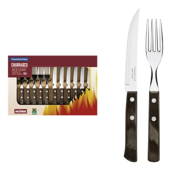 Juego de Cubiertos para Asado Tramontina de Acero Inoxidable con Mango Castaño Polywood 12 piezas 6 tenedores 6 cuchillos