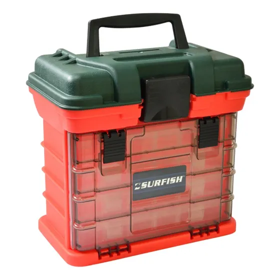 Caja Pesca Herramientas Surfish Plastica Con 4 Cajas Plomo Lineas Rotores Señuelos Pinza Anzuelos Tornillos Repuestos Color Rojo