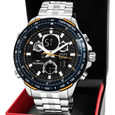 Relógio Masculino Technos Anadigi Digiteh Grande Prata BJ4130AB/1P Display Preto 49mm