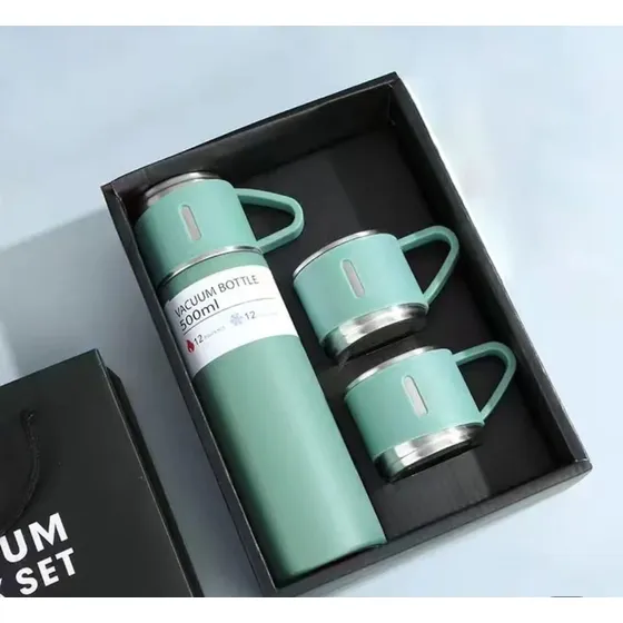 Botella térmica de 500 ml con kit de 3 tazas de café y té frío y caliente, color verde claro