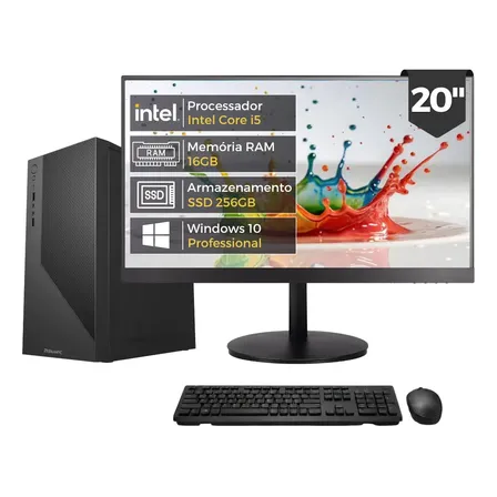 Computador Completo Intel Core i5 4570 (4ª Geração), 16GB RAM, SSD 256GB, Monitor 20" 75Hz HDMI, Windows 10 Pro, Preto, Bivolt - BluePC Office CDF-099OF