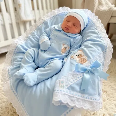 Saida De Maternidade Menino Azul Bordado 04 Peças Príncipe
