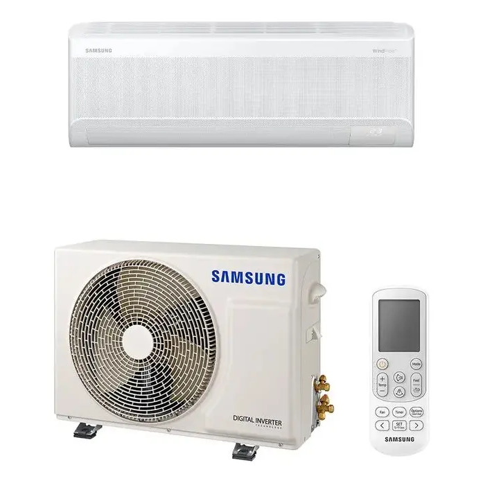 Conjunto de ar-condicionado Samsung WindFree com unidade interna, unidade externa e controle remoto