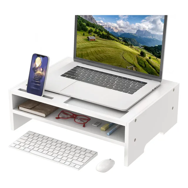 Soporte Elevador Para Monitor De Bambú Con Almacenamiento