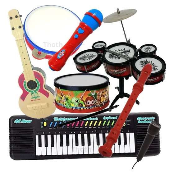 Kit 7 Instrumentos Bateria Teclado Viola Microfone Infantil
