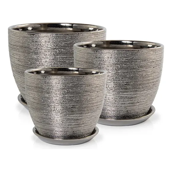 Kit 3 Vasos Cachepot Com Pratos Prateado Monaco Pozzani