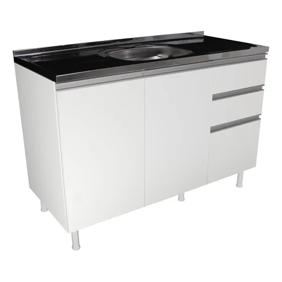 Balcão Pia 120cm 100% Mdf 3 Portas 2 Gavetas Para Cozinha  