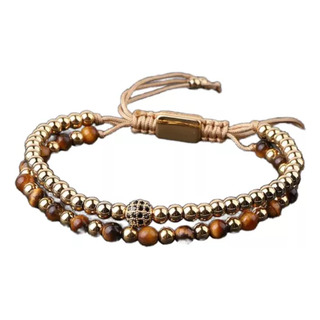 Pulsera Doble Esfera Zirconia Ojo Tigre Lujo Macramegoldmaia Pulsera Doble Esfera Zirconia Ojo Tigre Lujo Macramegoldmaia
