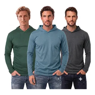 Camiseta Manga Longa Com Capuz Kit 3 Qualidade Premium