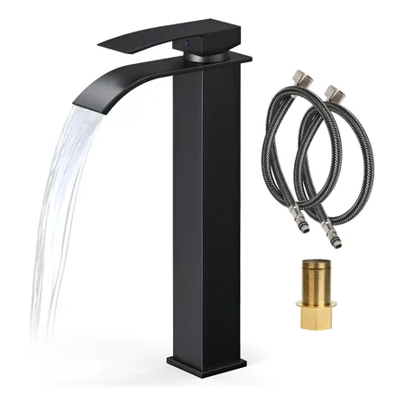 Torneira Banheiro Aço Inox 304 Monocomando Cascata Bica Alta Preto Brilhante