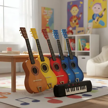 Kit Musical Infantil Violão Madeira + Teclado Educativo