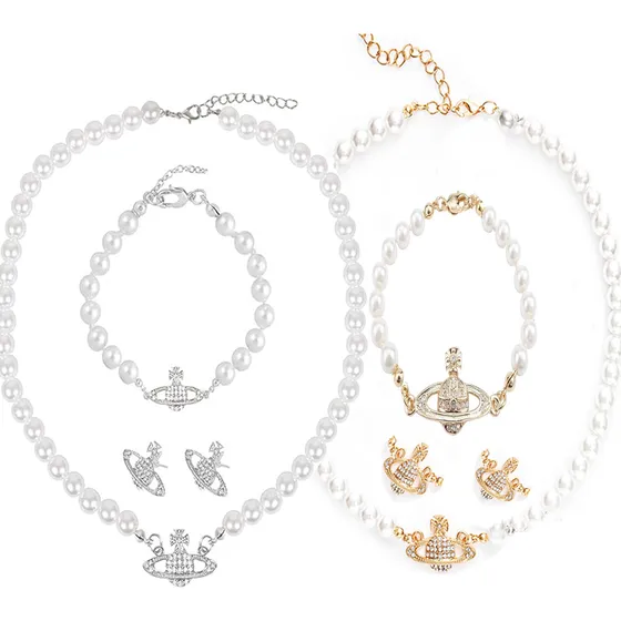 Collar Y Pulsera De Perlas Saturno De Diamantes (4 Piezas)