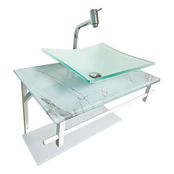 Kit Lavatório De Vidro 48cm - Marmo Branco - Suporte Branco