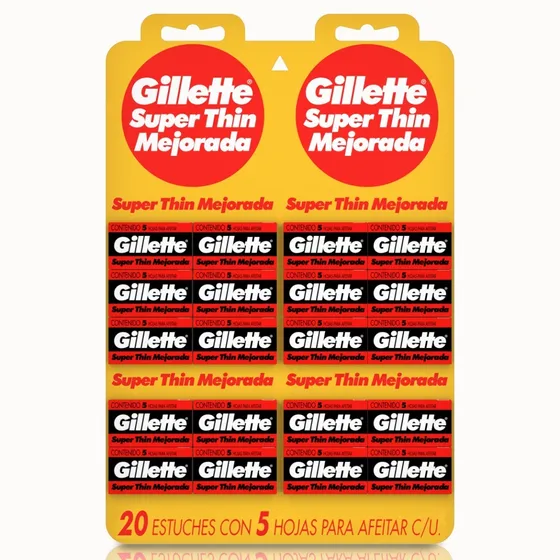 Gillette Super Thin Mejorada Roja 20 X 5 Hoja De Afeitar - Filo Simple Acero Inoxidable - Blister 20 Cajas De 5 Unidades C/u