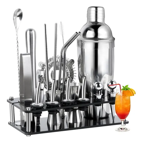 Kit Cocteleria 20pcs Profesional Bartender 750ml Con Soporte