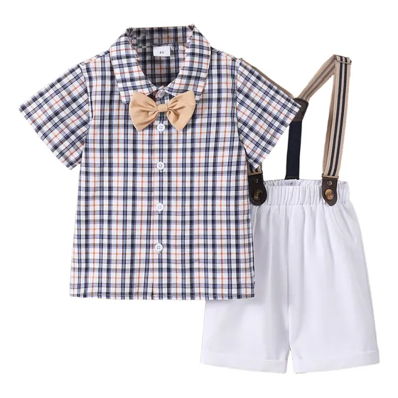 Conjunto A Cuadros  Formal Para Niños Con Moño Y Tirantes Blanco 3-4 A