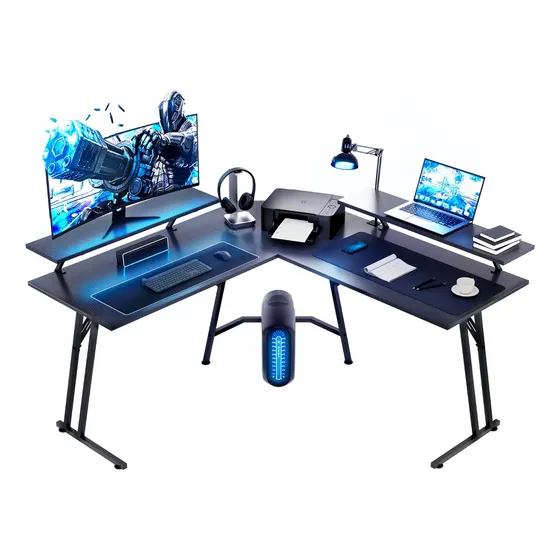 Escritorio Esquinero En Forma L Con Estantes 120cm Gamer Vidita Color Negro